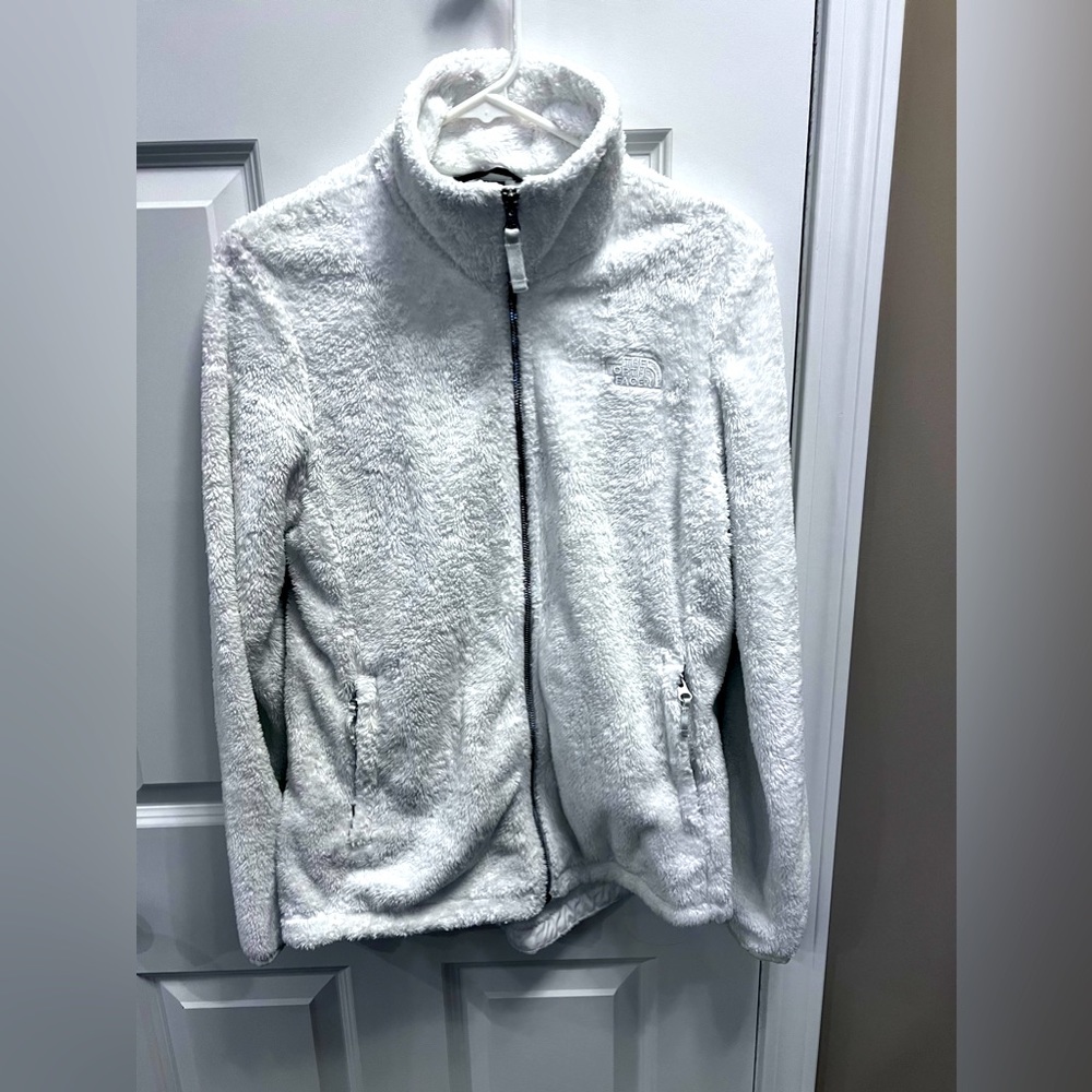 Ladies M, North Face, zip up hoodie with pockets, no hood, white.